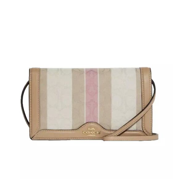 COACH ANNA FOLDOVER CLUTCH CROSSBODY IN SIGNATURE JACQUARD W/ STRIPES PINK TAFFY - Picture 1 of 7